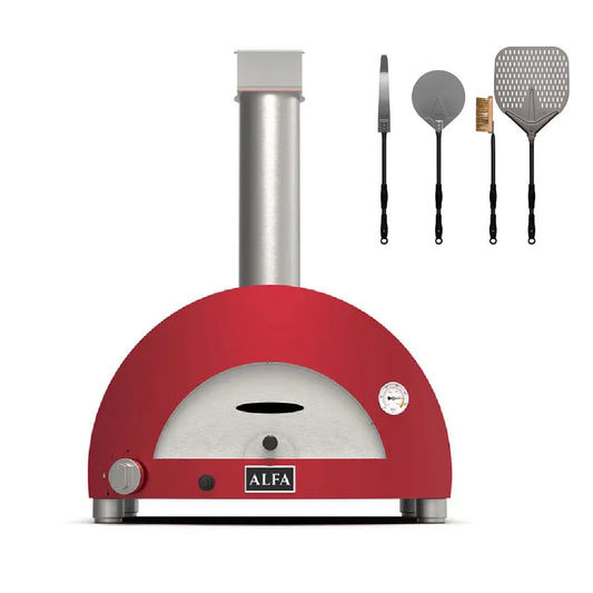 Combo Alfa Forni, Horno Moderno 1 Pizze A Gas Color Rojo + Set De Palas 4 Piezas