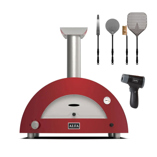 Combo Alfa Forni, Horno Moderno 2 Pizze A Gas Color Rojo + Set De Palas 4 Piezas + Termometro Infrarrojo