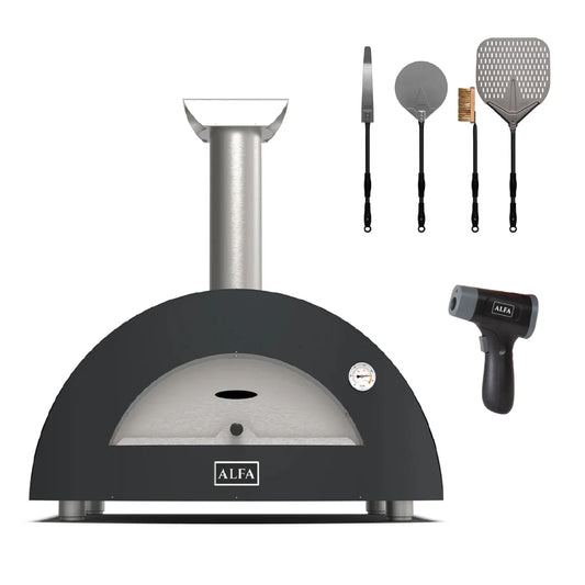 Combo Alfa Forni, Horno Moderno 3 Pizze Hibrido Color Ardesita Gris + Set De Palas 4 Piezas + Termometro Infrarrojo