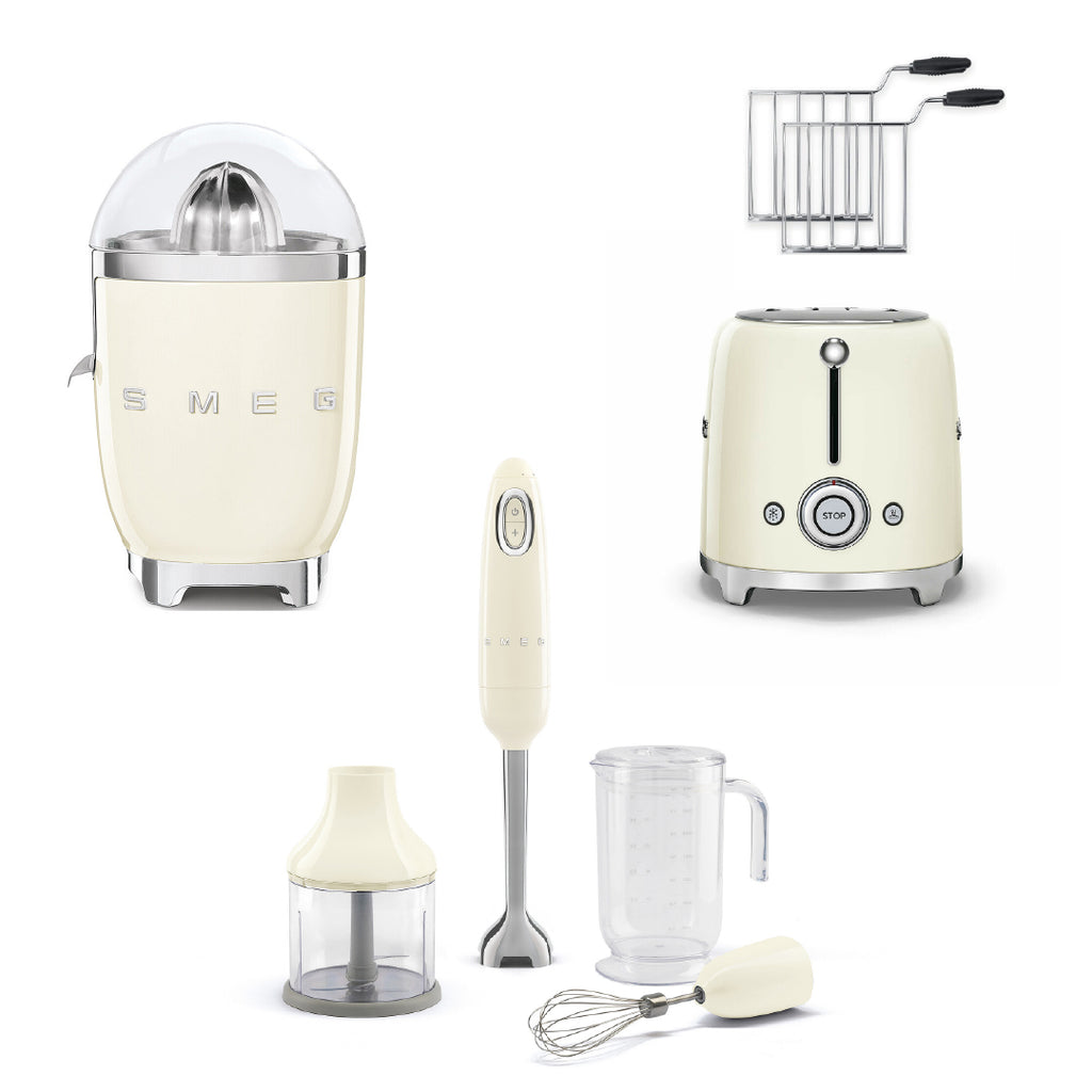 Combo Smeg, Exprimidor De Naranja + Batidora De Mano + Tostadora + Rack Para Sandwich, Color Crema